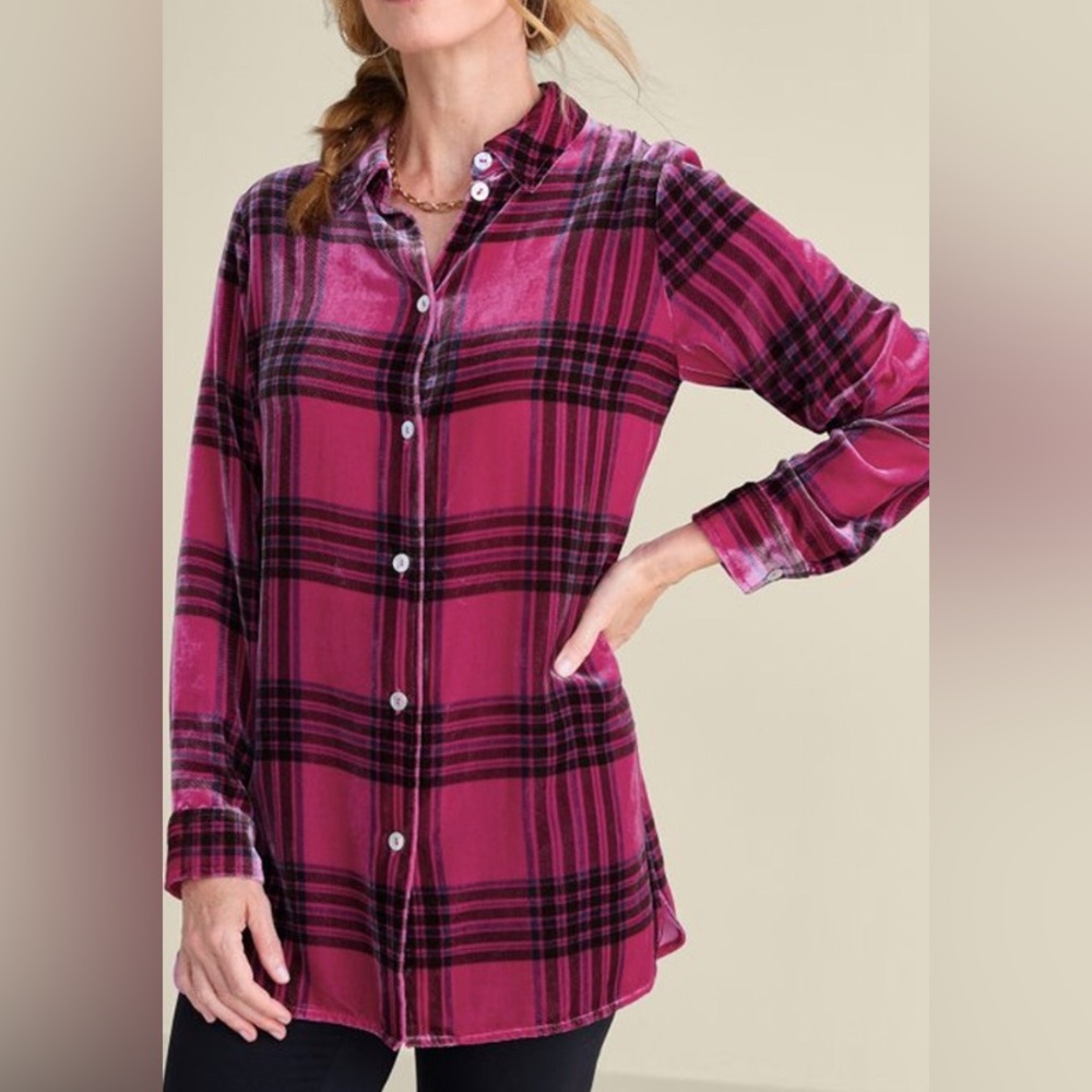 Soft Surroundings | Vintage plaid pink velvet shirt, 80% rayon, 20% silk, sz XS